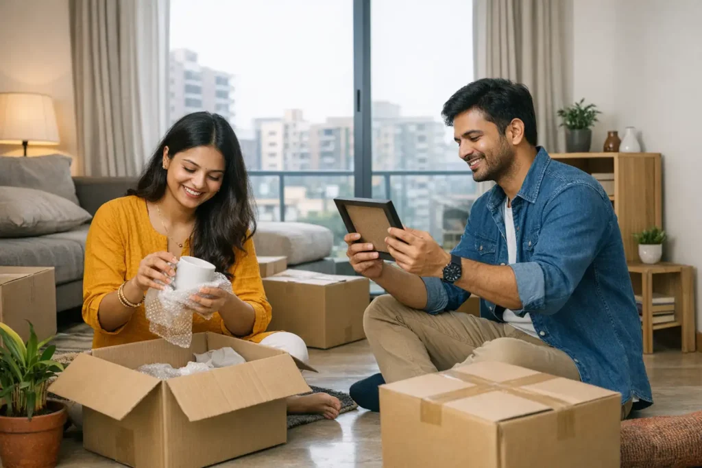 Newlywed couple adapting to a new city after marriage while setting up their home
