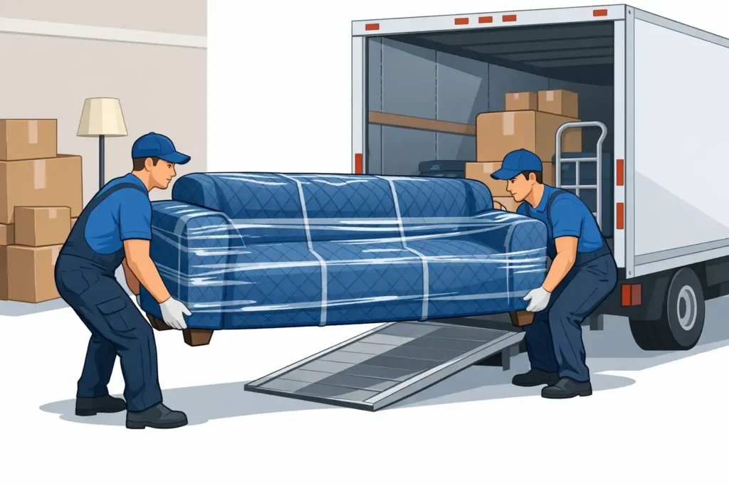 Packing and moving a sofa safely using moving blankets and proper lifting techniques