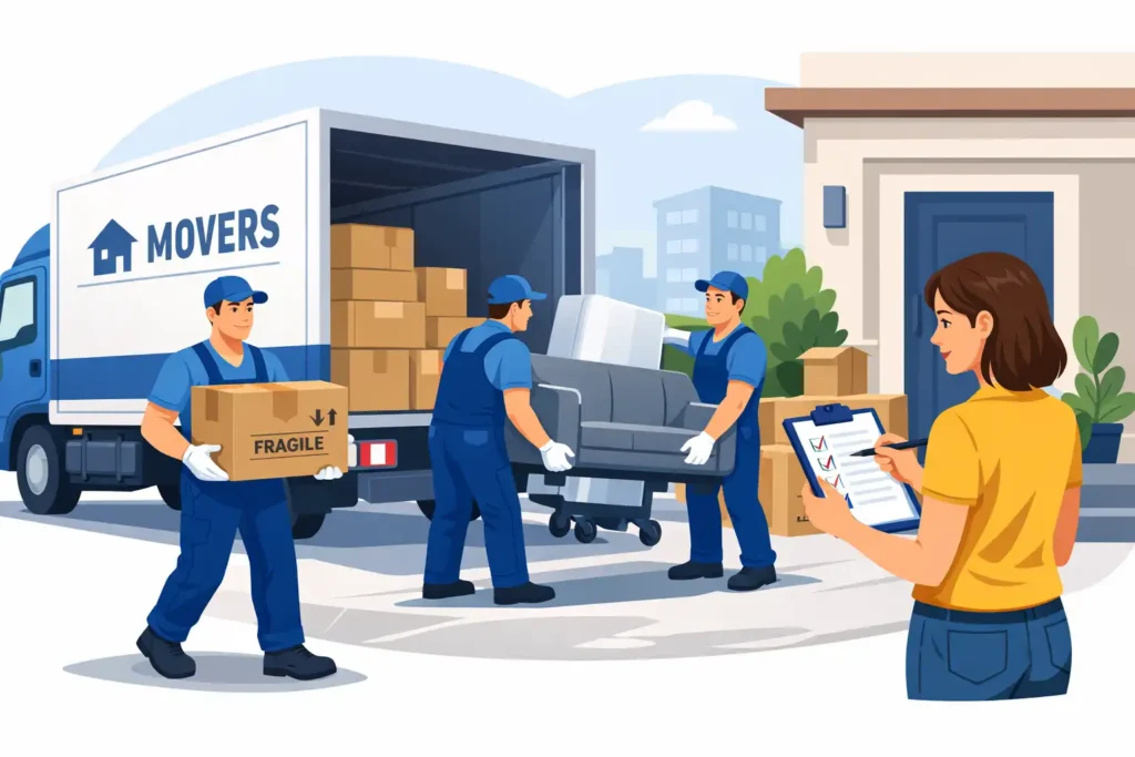 Packers and movers unloading household goods from a moving truck during delivery process