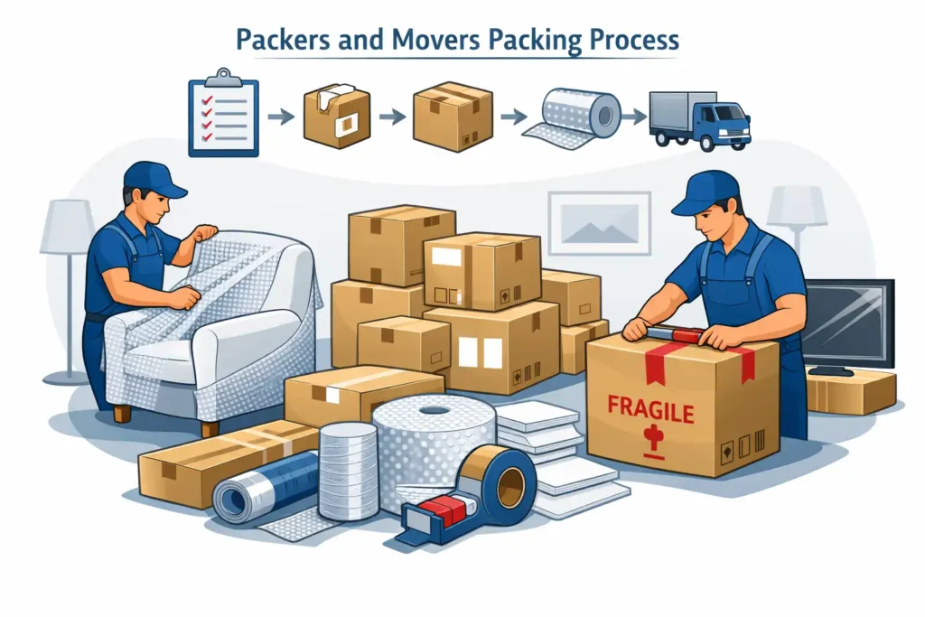 Packers and movers packing process showing professional packing of household goods step by step