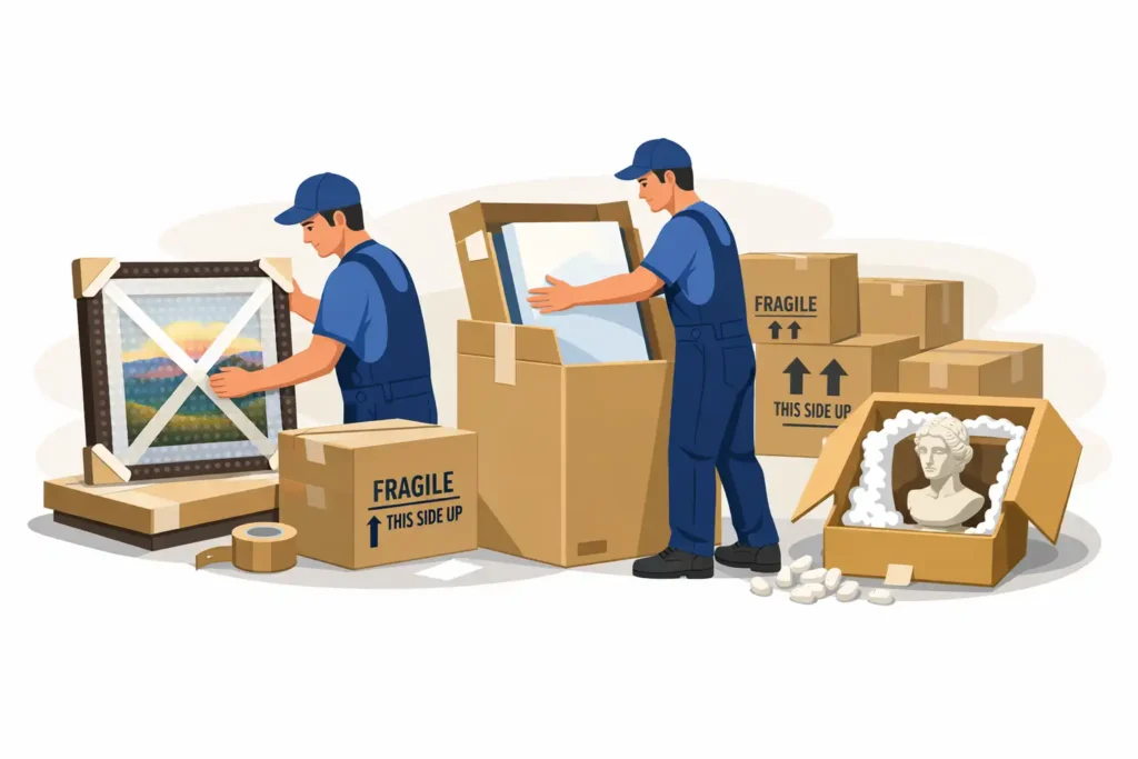 Packing artwork safely for moving including paintings, framed art, and sculptures using protective packing materials