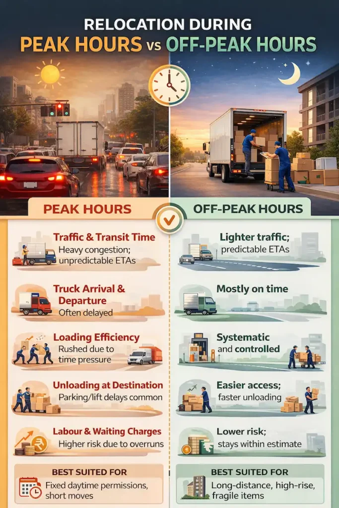 Peak hours vs off-peak hours relocation infographic comparing traffic delays, loading efficiency, unloading time, labour charges, and best time to move house