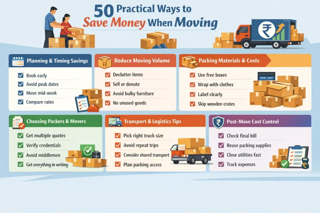 Infographic showing 50 practical ways to save money when moving, including planning early, reducing moving volume, smart packing, choosing the right movers, transportation savings, insurance tips, and post-move cost control