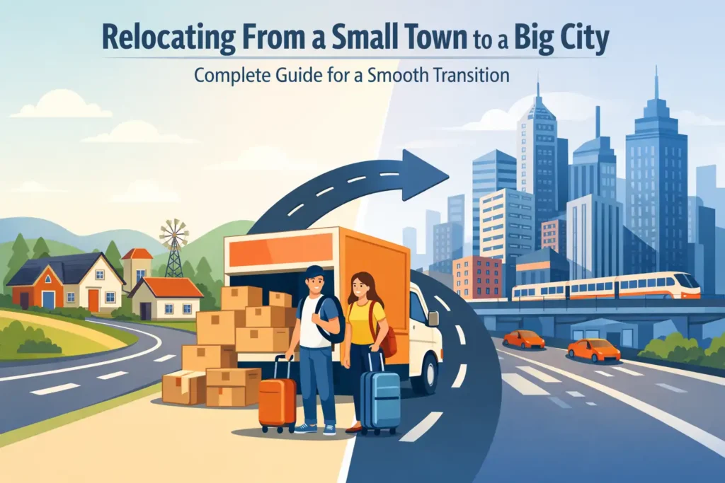 Relocating from a small town to a big city showing transition from rural homes to urban skyline
