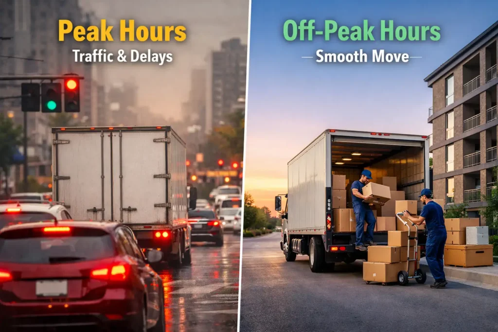 Relocation during peak hours vs off-peak hours showing traffic congestion, moving truck delays, and smooth off-peak house shifting