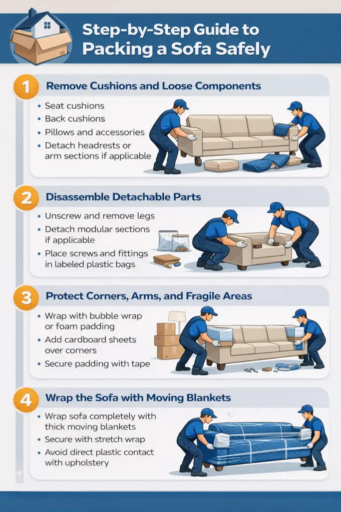 Step-by-step infographic showing how to pack a sofa safely using cushions removal, disassembly, corner protection, and moving blankets