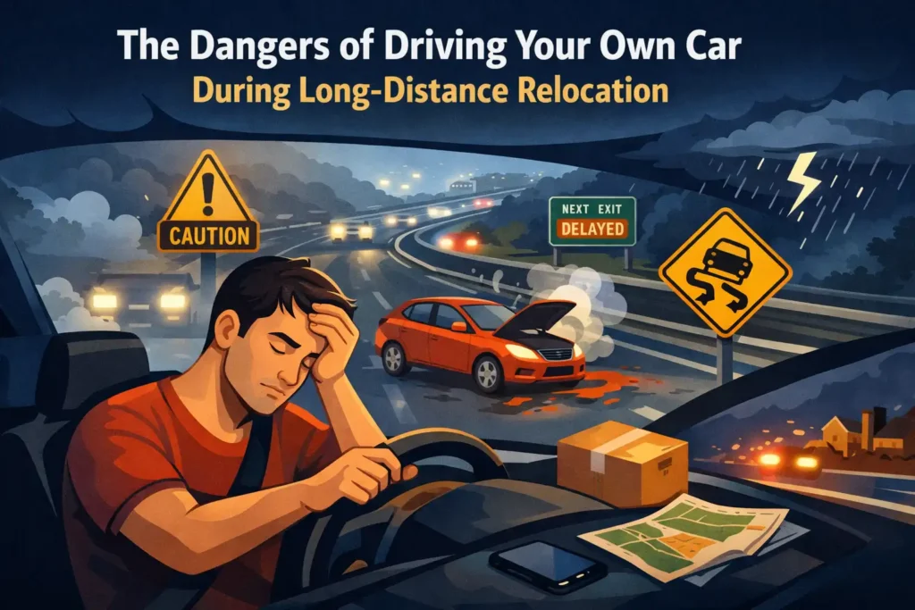 The dangers of driving your own car during long-distance relocation, showing a tired driver on a highway facing safety and breakdown risks