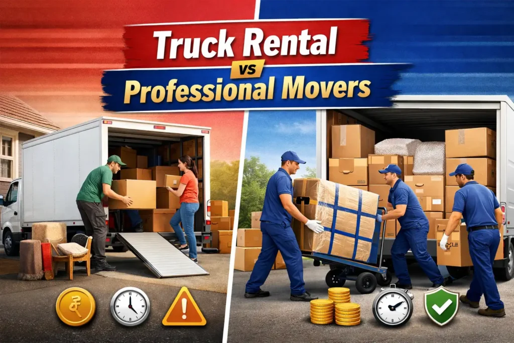 Truck rental vs professional movers comparison showing DIY house shifting and professional packing services