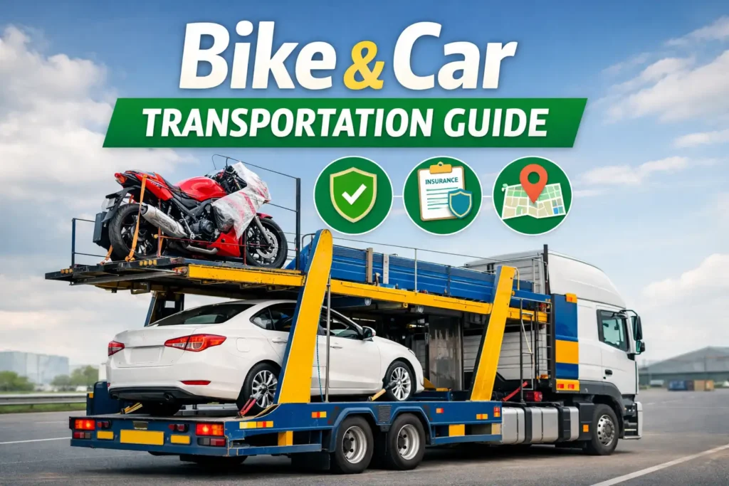 Bike and car transportation by packers and movers showing vehicle carrier truck used for safe vehicle shifting