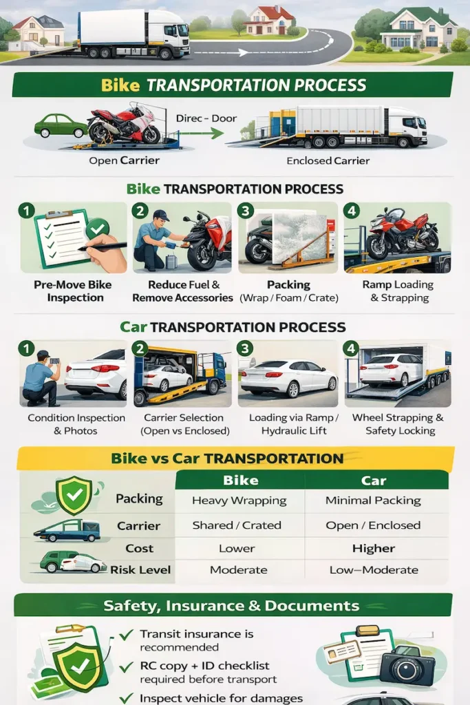 Infographic showing bike and car transportation process including inspection, packing, carrier loading, transit, delivery, cost comparison, and safety measures