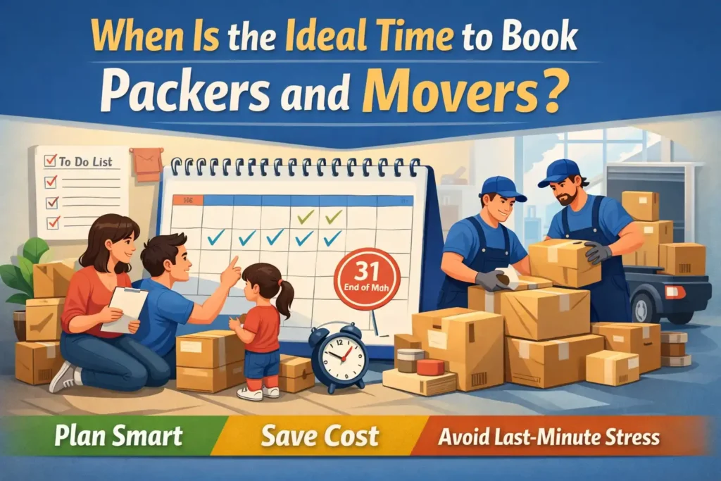 a family planning house shifting with packed boxes, calendar dates, and professional packers and movers highlighting the ideal time to book relocation services.