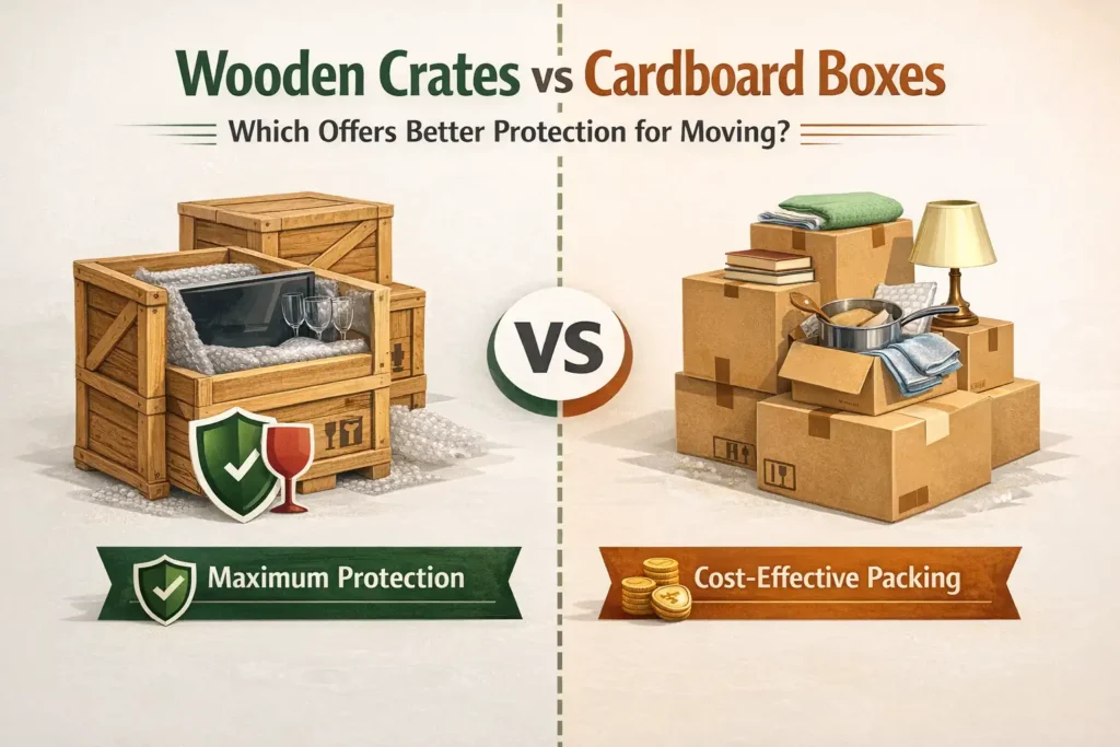 Wooden crates vs cardboard boxes comparison showing packing protection for moving