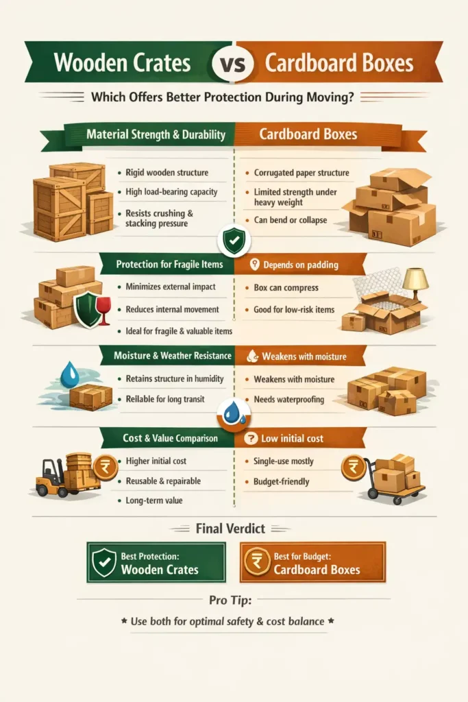 Infographic comparing wooden crates vs cardboard boxes for packing protection during moving
