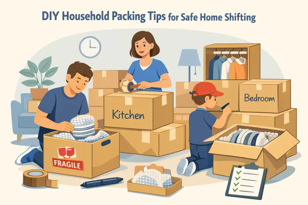 DIY household packing illustration showing labeled boxes, fragile items packed with bubble wrap, and organised home shifting preparation
