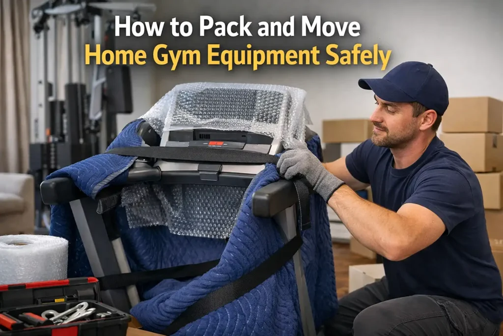 packing and moving home gym equipment safely with proper tools and protective materials