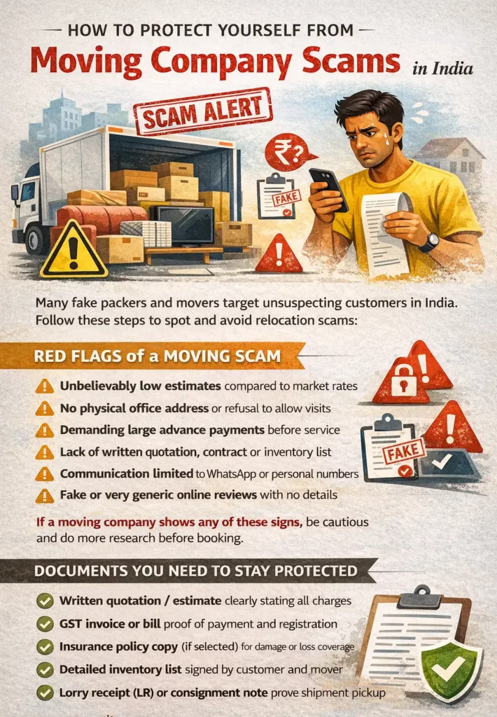Illustration showing common moving company scams in India and how to avoid fake packers and movers