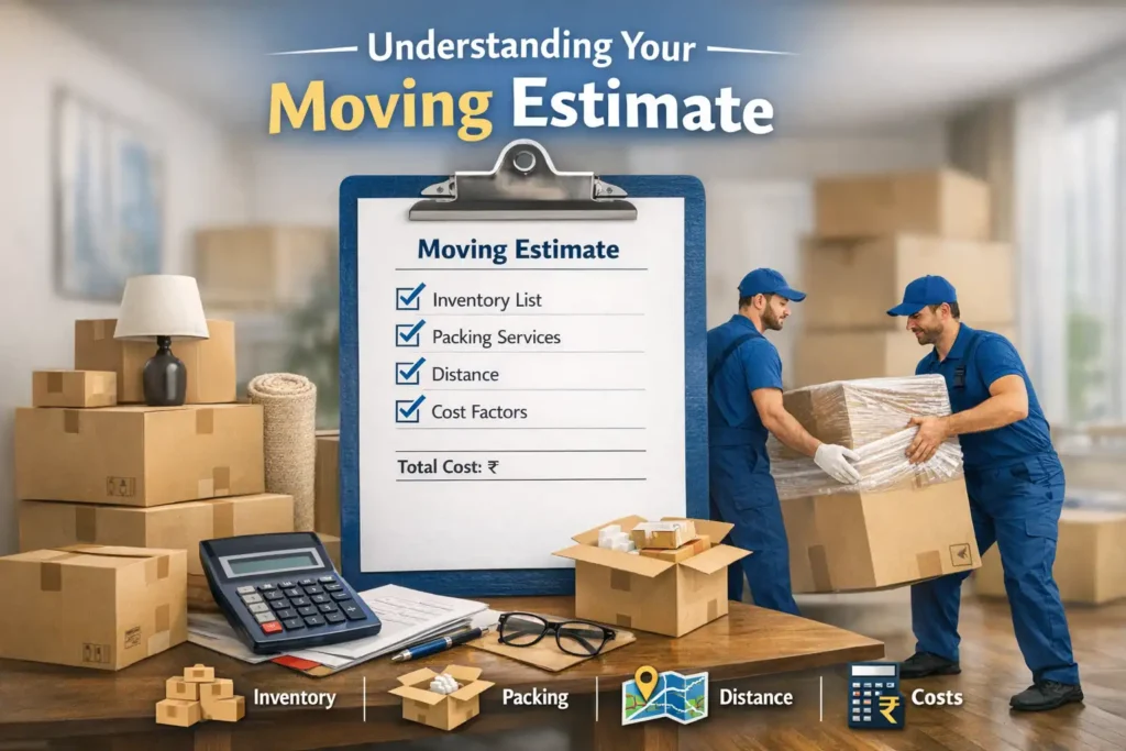 moving estimate breakdown showing inventory, packing services, distance and cost factors