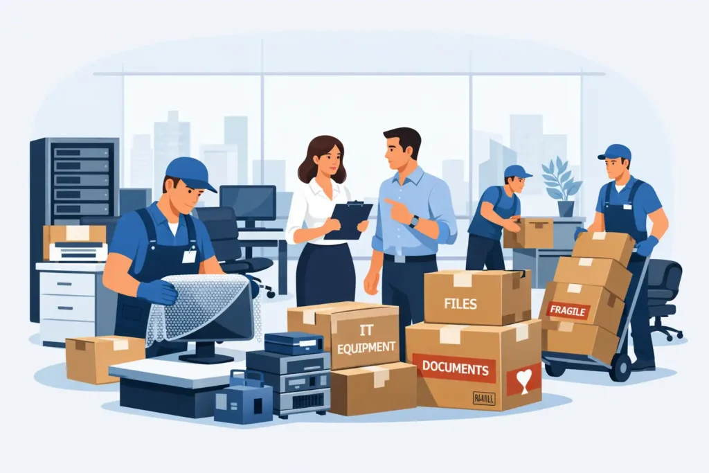 Office packing and moving process showing professional movers packing office furniture, IT equipment, and documents for a smooth business relocation