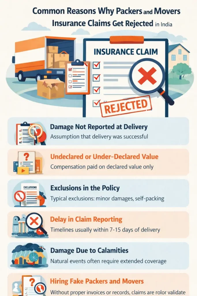 Infographic showing common reasons why packers and movers insurance claims get rejected in India, including delayed reporting, policy exclusions, self-packing, under-declared value, and documentation issues