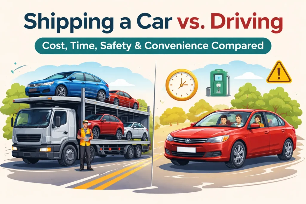 Shipping a car vs driving comparison showing car transport truck and self-driven car highlighting cost, time, safety, and convenience factors