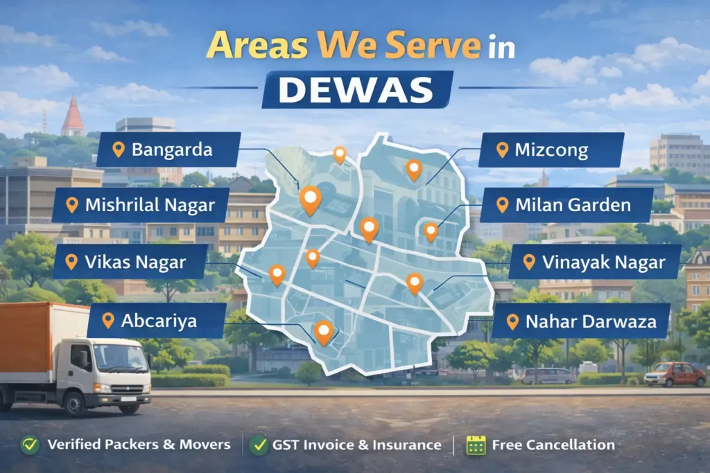 service areas covered by packers and movers in Dewas including AB Road, Ujjain Road, Industrial Area and Civil Lines.