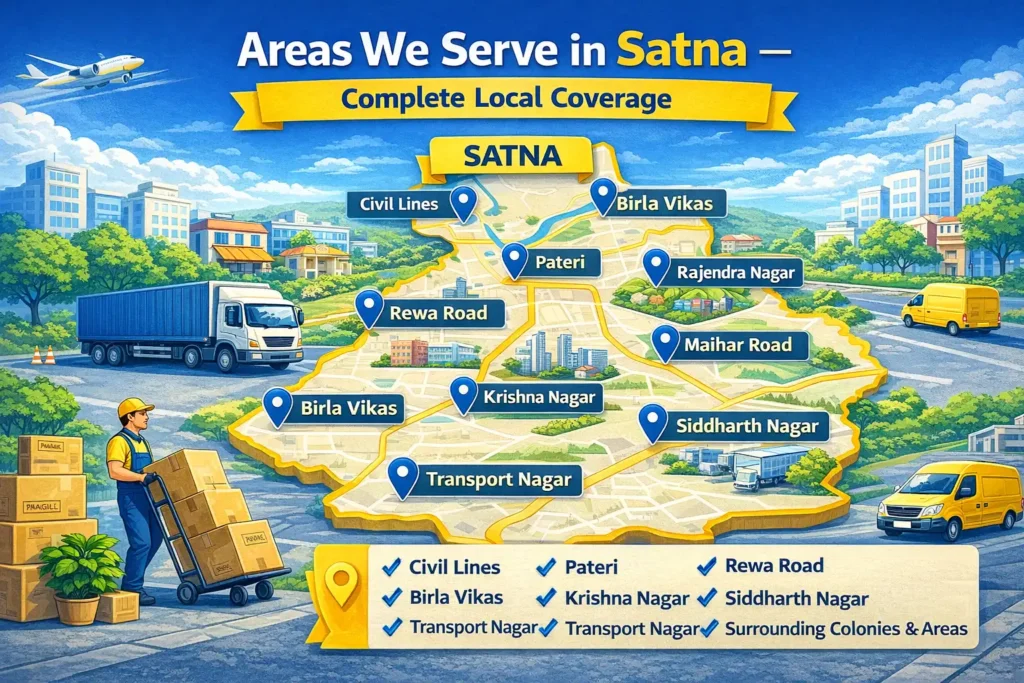 Map illustration highlighting service areas in Satna including Civil Lines, Pateri, Rewa Road, Maihar Road, Birla Vikas, Krishna Nagar, Rajendra Nagar and Transport Nagar.