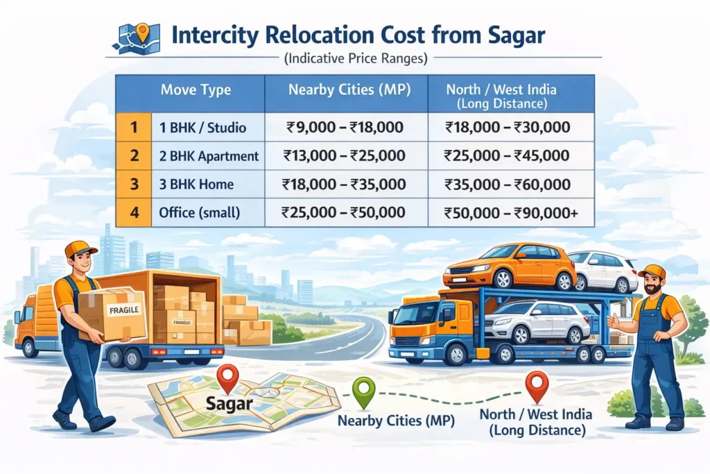 Intercity relocation cost from Sagar for household and office shifting to nearby cities and long distance locations