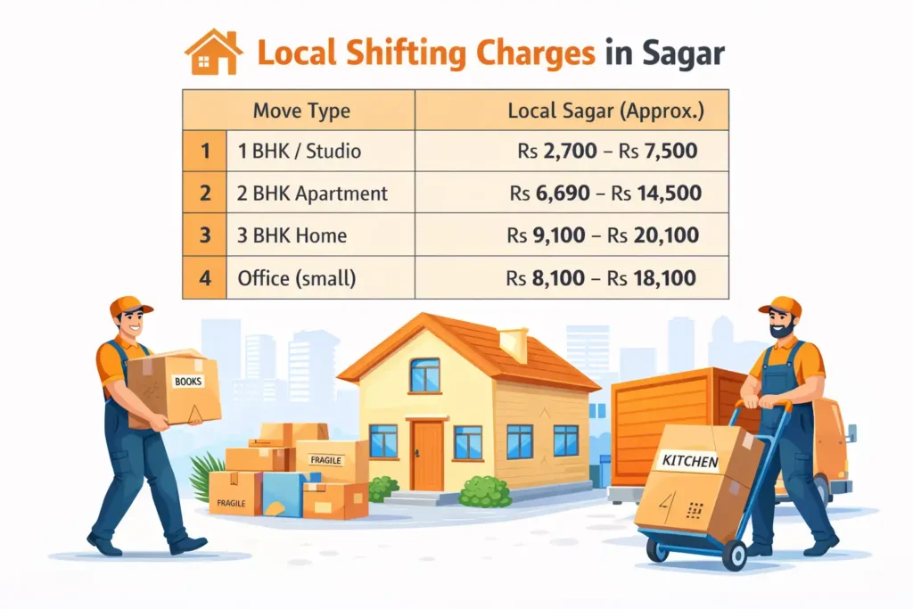 Local shifting charges in Sagar for 1 BHK, 2 BHK, 3 BHK and office moves by professional packers and movers